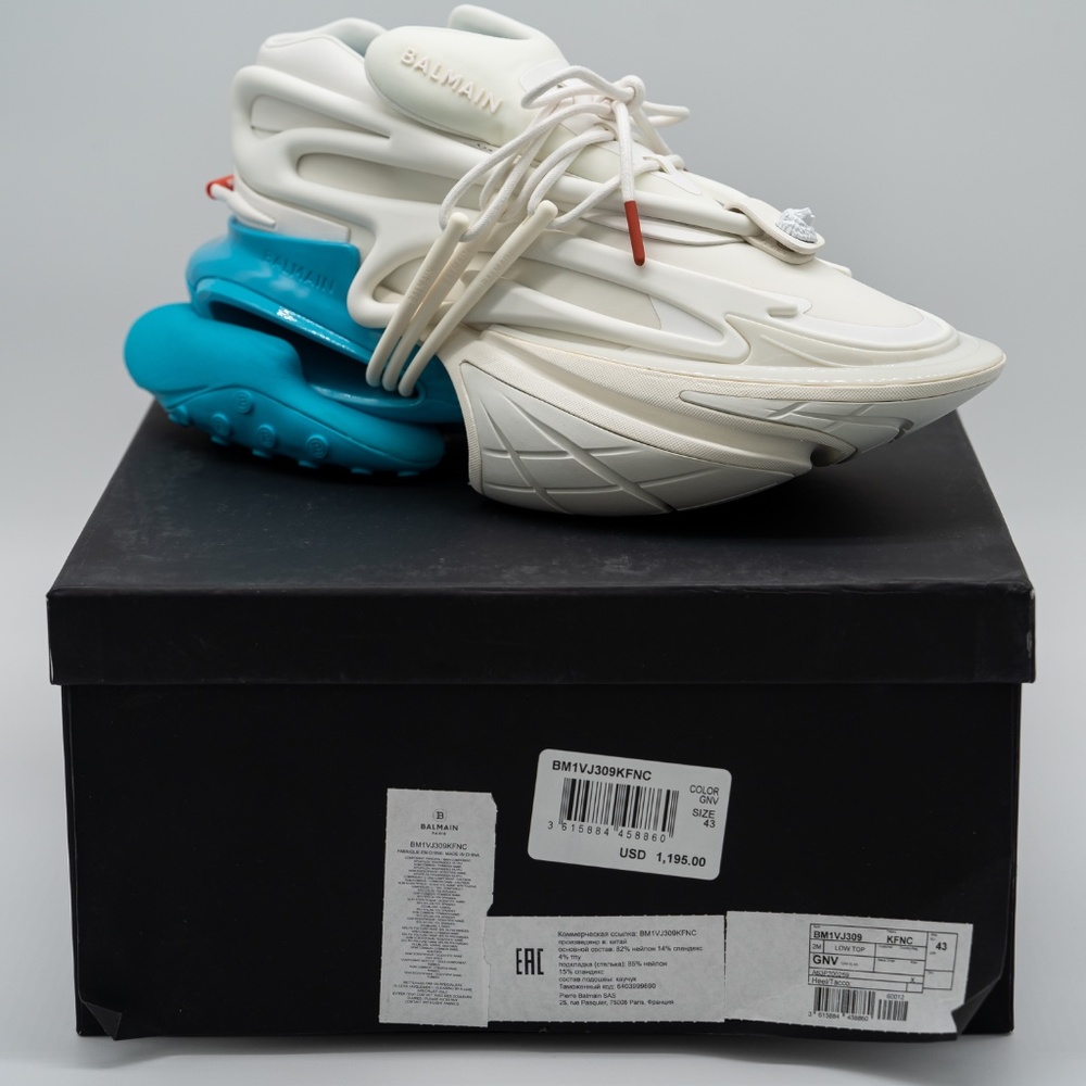 size 43 10 US Balmain Unicorn White Blue Sneakers Neoprene - Picture 13 of 14
